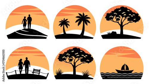 Sunset Silhouettes of Nature and Couples love romance