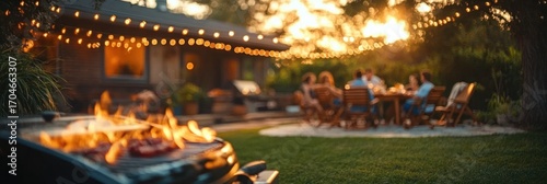 Group of people gathered outdoors around a wooden table in the backyard at sunset with string lights and a flaming grill in the foreground creating a warm and inviting atmosphere