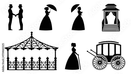 Vintage Silhouette Icons of People and Carriage woman