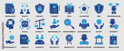 AI ethics icon collection set. Containing data privacy, compliance, governance, accountability, transparency, responsibility, and human rights icon. solid  icon vector.