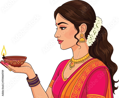 Elegant Indian woman in traditional attire holding a lit diya, symbolizing hope and celebration