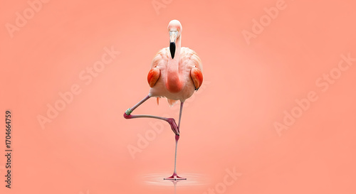 Exotic tropical bird in a delicate balancing act, a graceful flamingo on a solid color background