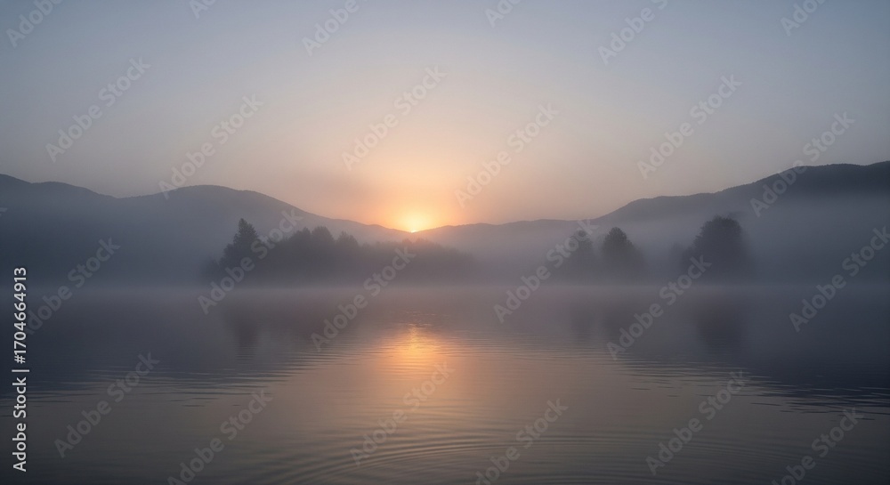 Obraz premium Mystical sunrise over a misty lake, with mountains and trees reflected in the calm water, creating a serene and peaceful landscape.