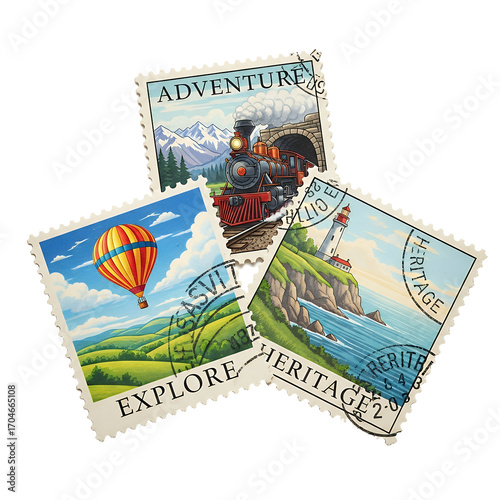 Adventure Travel Stamps Featuring Train Lighthouse Hot Air Balloon and Scenic Landscape Views