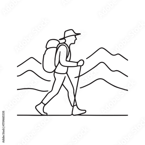 Minimalist hiking illustration of a man walking with a backpack and trekking poles in the mountains perfect for adventure and outdoor lifestyle projects vector graphic