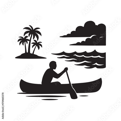 Silhouette of a man paddling a canoe near a tropical island with palm trees and calm ocean waves on a cloudy day escape to paradise vector illustration