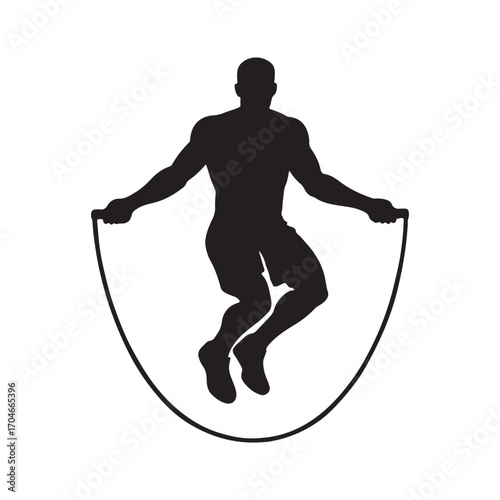 Silhouette of muscular man jumping rope fitness workout cardio exercise athletic training and determination for strength and endurance isolated on white background promoting healthy lifestyle