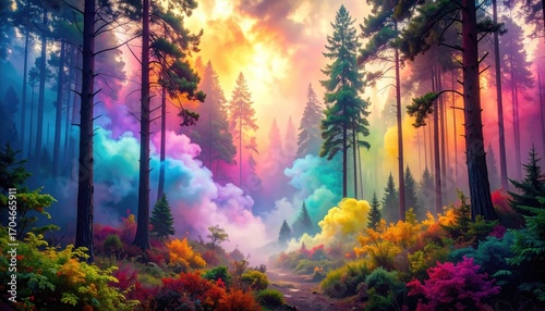 Colorful mystical forest path