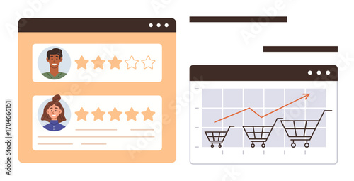 Star ratings next to customer profiles and graph tracking shopping cart growth with upward trend. Ideal for e-commerce, customer feedback, online shopping, analytics, user experience, satisfaction