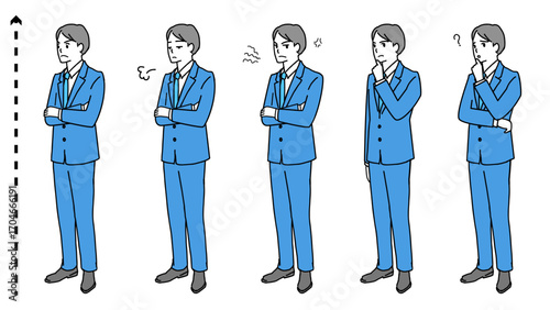 悩んでいる表情の若いビジネスマンの全身イラストセット