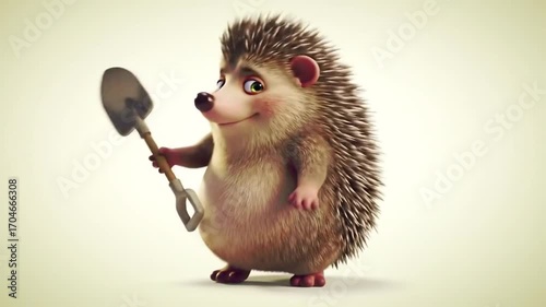 Cartoon hedgehog with shovel