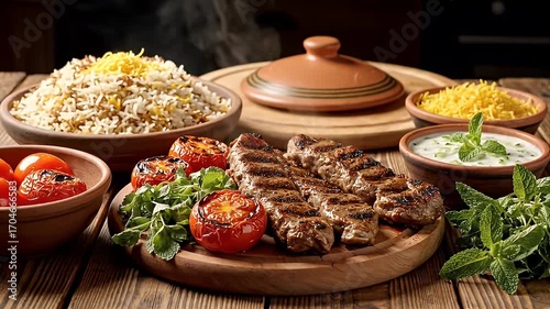 Delicious Persian Koobideh Kebab Platter with Rice, Grilled Tomatoes, and Yogurt Sauce