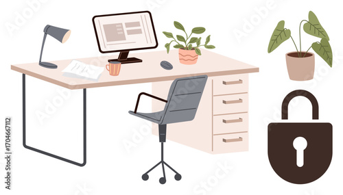 Workspace with desk, computer, chair, lamp, and plants emphasizing security with a lock graphic. Ideal for office work, organization, focus productivity privacy home office data safety. Simple