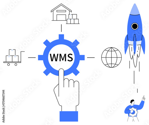 Gear labeled WMS connected to warehouse, shipment, globe, and rocket. Hand tapping gear suggests automation, efficiency. Ideal for logistics, supply chain, automation innovation e-commerce