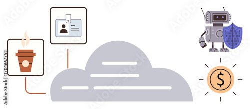 Centralized cloud, coffee cup, ID badge, shielded robot, currency icon. Ideal for data security, ID management, cloud storage AI remote work fintech or digital transformation. Simple flat