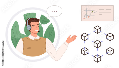 Smiling customer support agent wearing headphones presenting blockchain network concept alongside data chart. Ideal for technology, business, customer service, blockchain, communication, coaching