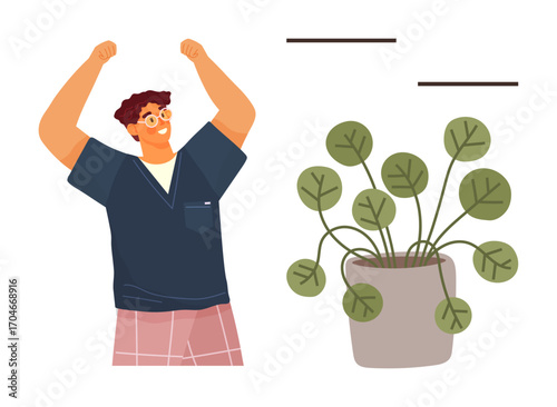 A joyful man celebrating with raised arms next to a gray pot holding a green leafy plant. Ideal for positivity, growth, self-care, success, nature, happiness, personal development. Simple flat