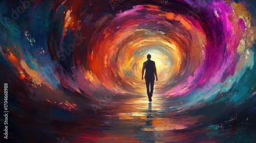 Silhouette of a person walking towards a vibrant swirling tunnel of colorful light with reflections on the ground, evoking a sense of journey and exploration