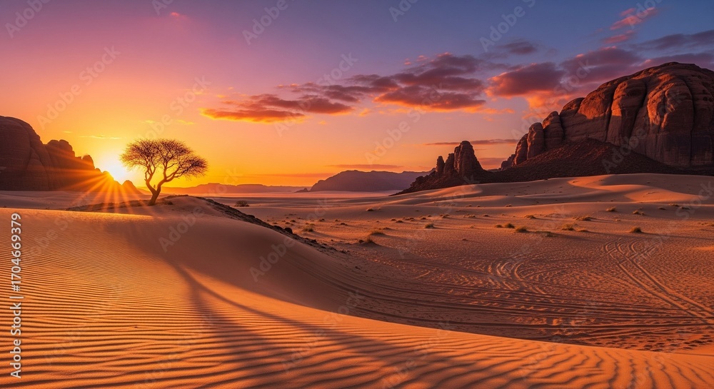 Naklejka premium Striking desert landscape at sunset featuring a lone tree silhouetted against the sun, rolling sand dunes, and dramatic rock formations under a colorful sky.