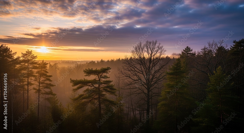 Fototapeta premium Golden Sunrise Over Misty Forest Canopy with Dramatic Clouds