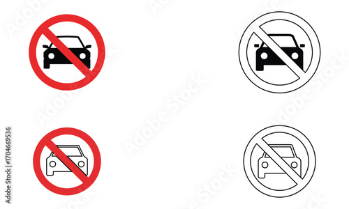 No car sign symbol set with red black and outline prohibition icons for traffic design
