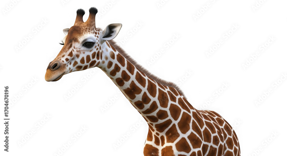 Naklejka premium Majestic giraffe head and neck detailed portrait majestic wild animal isolated high resolution nature wildlife photography transparent background