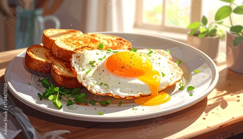 Breakfast plate with sunny side up eggs, toast, and herbs