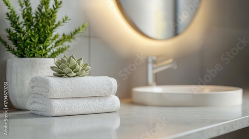 Minimalist bathroom countertop with stacked white towels, a small succulent plant, a potted green plant, and a softly glowing round mirror creating a calm and clean ambiance