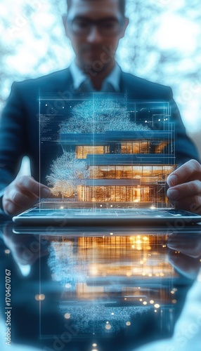 Businessman in glasses holding a tablet projecting a futuristic transparent architectural 3D model of a modern house with illuminated interiors and surrounding digital trees