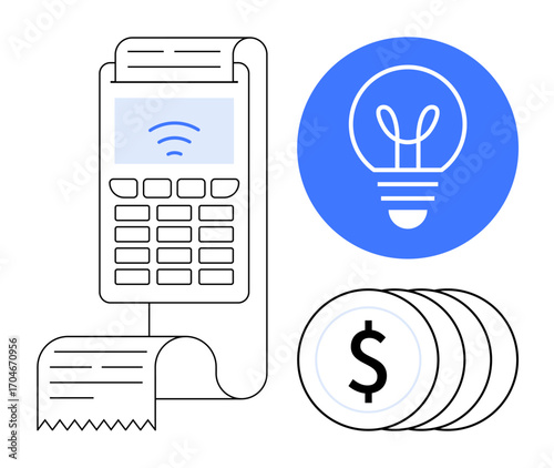 Payment terminal generating receipt, stack of dollar coins, lightbulb icon representing ideas. Ideal for digital finance, innovation, startups, e-commerce, business growth, fintech simple landing