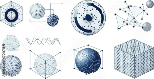 Abstract geometric 3D shapes and network connections representing data science and technology concepts