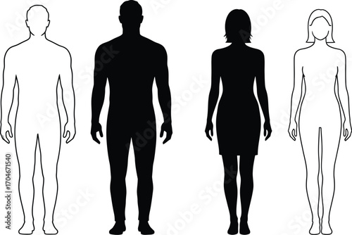 Diverse human silhouettes outline and solid forms representing male and female figures for design concepts