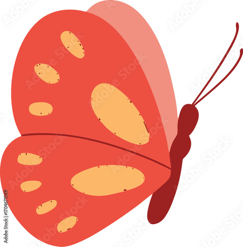Vibrant red butterfly with orange spots gracefully flutters on a clean white background