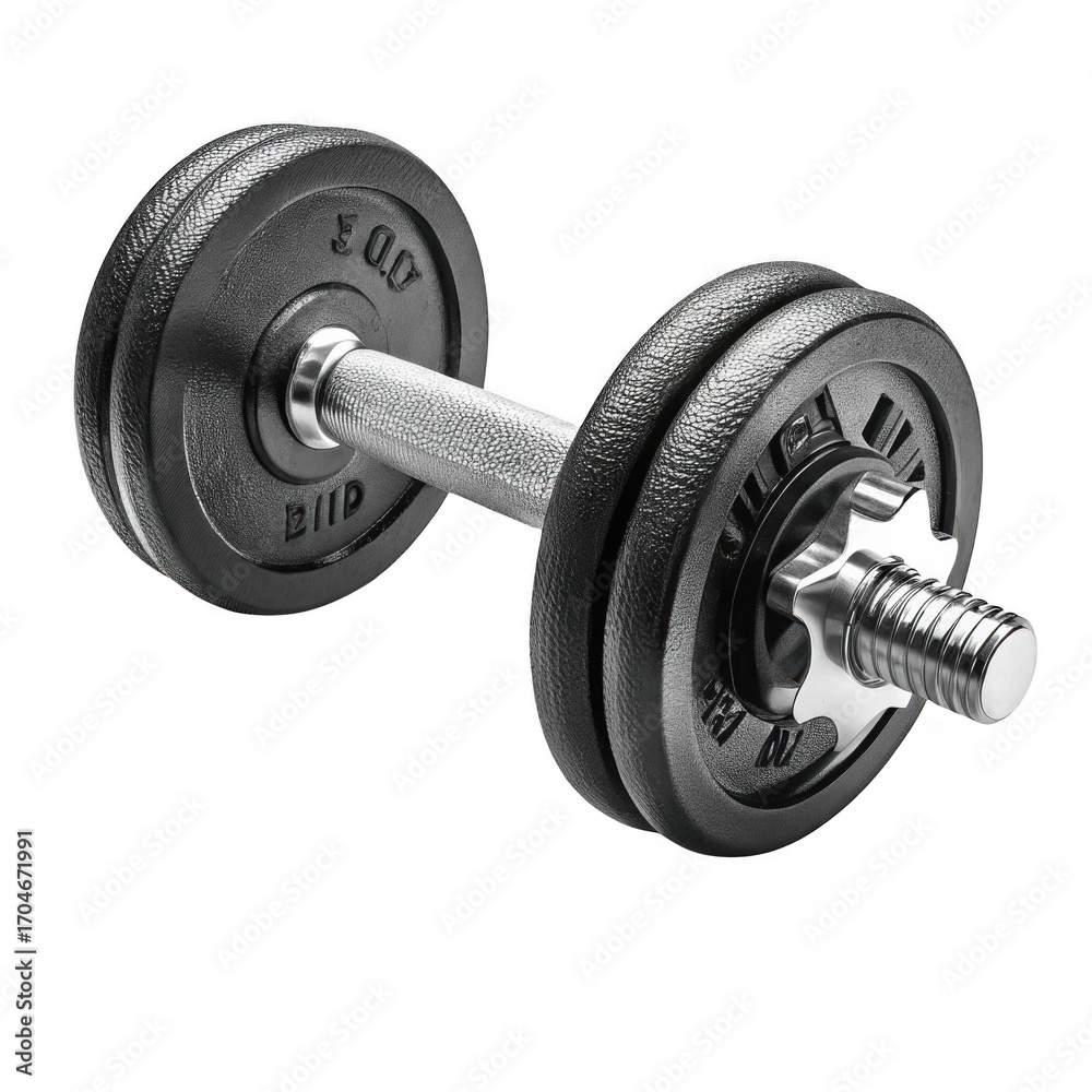 Naklejka premium A heavy black metal dumbbell with textured plates isolated on transparent background