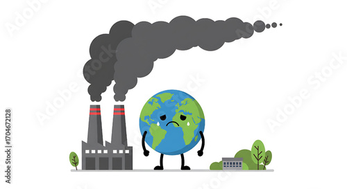 Pollution and climate change concept with sad earth globe and factory smoke