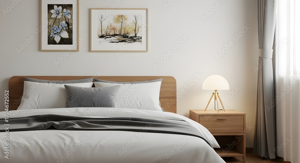 Fototapeta premium Cozy bedroom with light wood accents and artwork