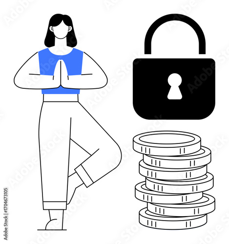 Woman practicing yoga beside a large lock and stacked coins illustrating balance, security, and finance. Ideal for wellness, mindfulness, savings, self-control, stability, online protection simple