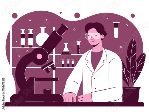Scientist in lab coat with microscope and beakers, engaged in research and discovery for medical breakthroughs and innovation
