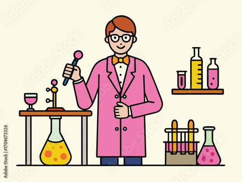 Enthusiastic scientist in pink lab coat experiments with colorful liquids and beakers in a retro-style lab setting