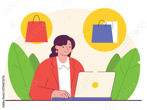 Woman browsing online shops on laptop, selecting products from virtual shopping bags, modern e-commerce concept