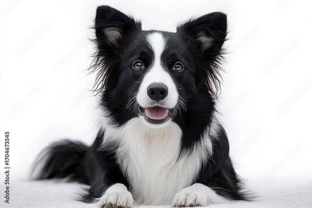 Fototapeta premium smiling black and white dog lying down with attentive expression and perked ears on white background
