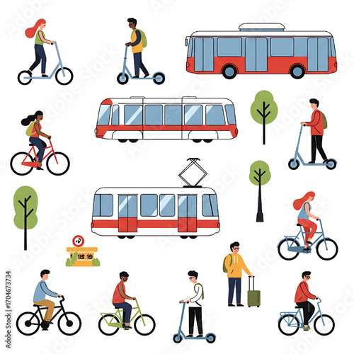City transportation set with people using bikes scooters buses and trams, vector illustration
