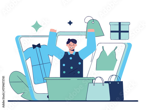 Excited shopper celebrates successful online fashion haul with delivery bags and gift box, showcasing new clothes