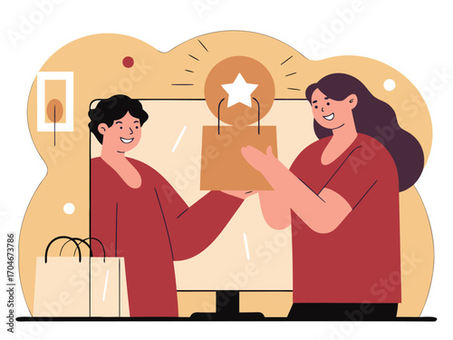 Joyful customer receives shopping bag with star award, celebrating successful purchase and excellent service experience