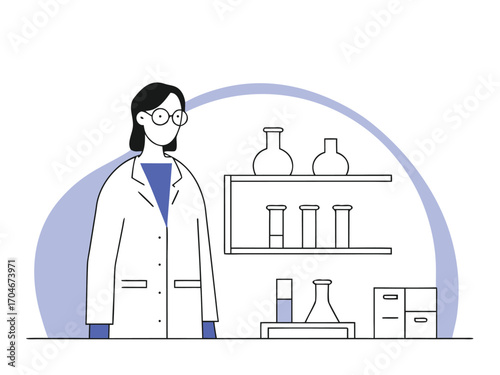 Dedicated scientist in lab coat conducting research with flasks and equipment in modern laboratory setting