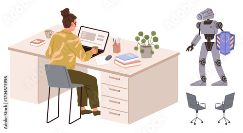 Woman typing on laptop at desk with notebooks, coffee, and plant. Robot in the room holds a book. Ideal for workplace, AI, technology, collaboration innovation education productivity. Simple flat