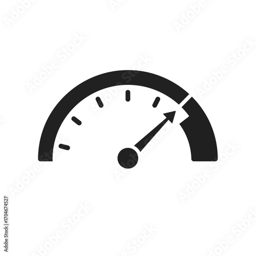 Minimalist black gauge icon representing high speed, performance metrics, and rapid acceleration on an isolated white background