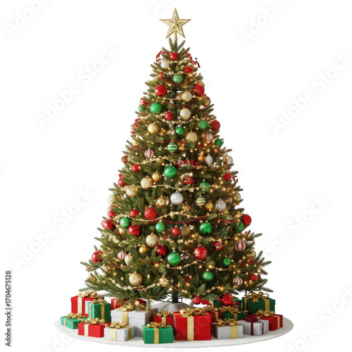 Beautifully decorated christmas tree with gifts isolated on transparent background
