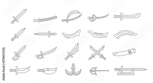 Outlined collection of various swords and blades, showing different designs and styles.