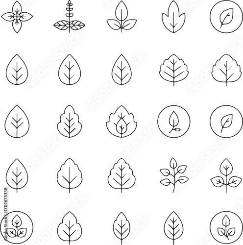 Collection of various leaf and plant icons in outline style Keywords: leaf, plant, icon, outline, nature
